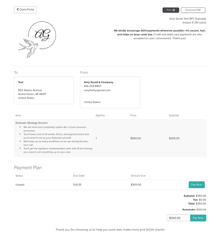 Use Dubsado to create custom invoices for clients.
